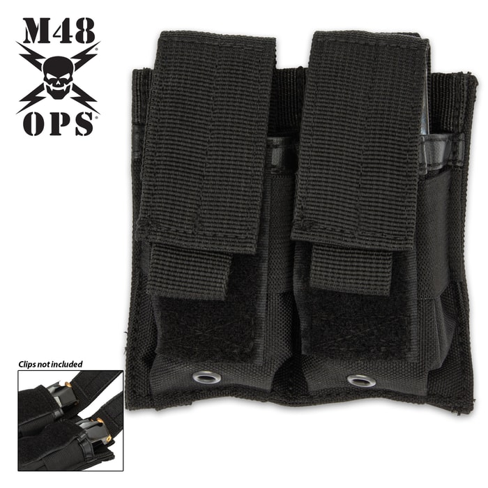 The M48 Black MOLLE Double Pistol Mag Pouch with its MOLLE attaches easily to gear and offers a simple storage option