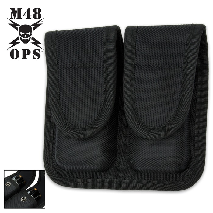 This double magazine pouch securely holds two 9MM/.45 magazines fits duty belts with up to a 2 1/4” wide belt loop