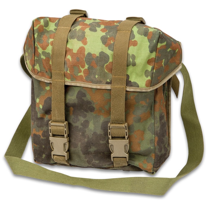 German Military Surplus Combat Pack / Shoulder Bag - Flecktarn Camo - Water Resistant Nylon; Waterproof Rubberized Core; Shoulder Strap - Used - Hunting Fishing Outdoors Army School Bookbag Tactical