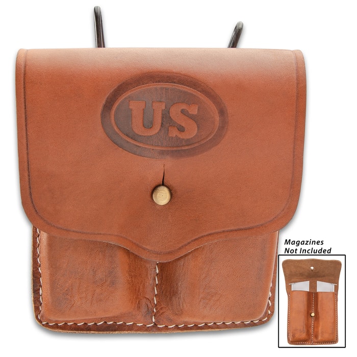 US 1911 Colt Pistol .45 Double Magazine Pouch - Replica, Premium Leather Construction, White-Top Stitching, Brass Belt Hanger And Snap