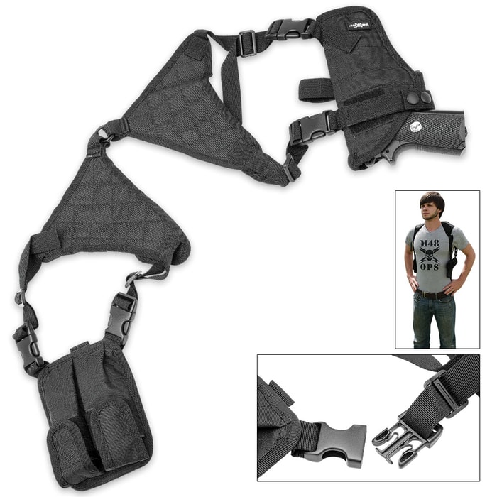 M48 OPS Universal Horizontal Shoulder Holster - Black - Fits Most Pistols / Handguns - Semiautomatic / Semi Auto, Revolvers, More - Double Mag Pouches - Padded Shoulder - Adjustable Harness