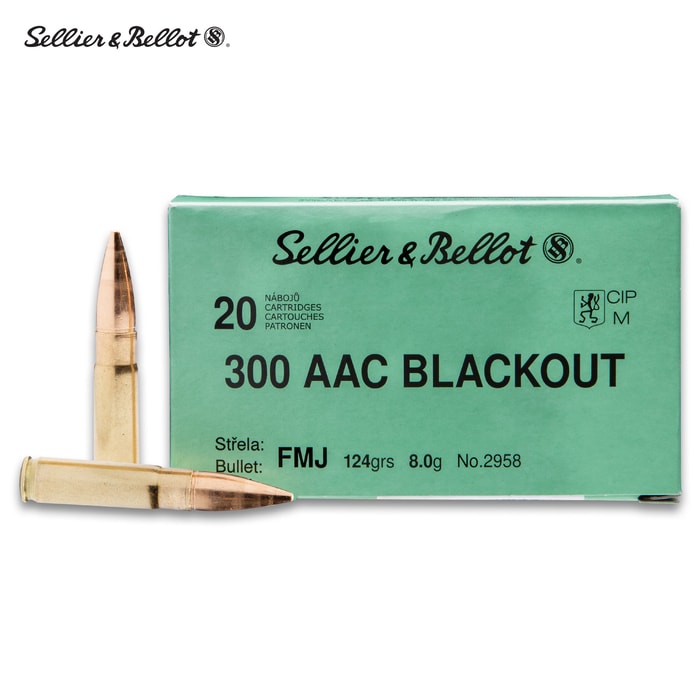 Sellier & Bellot 300 Blackout 124 Full Metal Jacket - 20-Count - Brass Case Boxer Primed, Reliable Powder Ignition, Non-Corrosive Primers