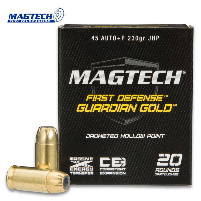 Magtech .45 Automatic / 230gr Guardian Gold Jacketed Hollow Point (JHP) +P Overpressure Ammunition - Box of 20 Rounds - Self Defense Military Law Enforcement Competition Match Grade