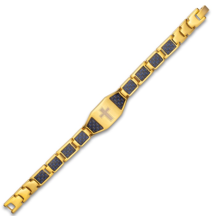 Gold And Blue Carbon Fiber Cross Bracelet