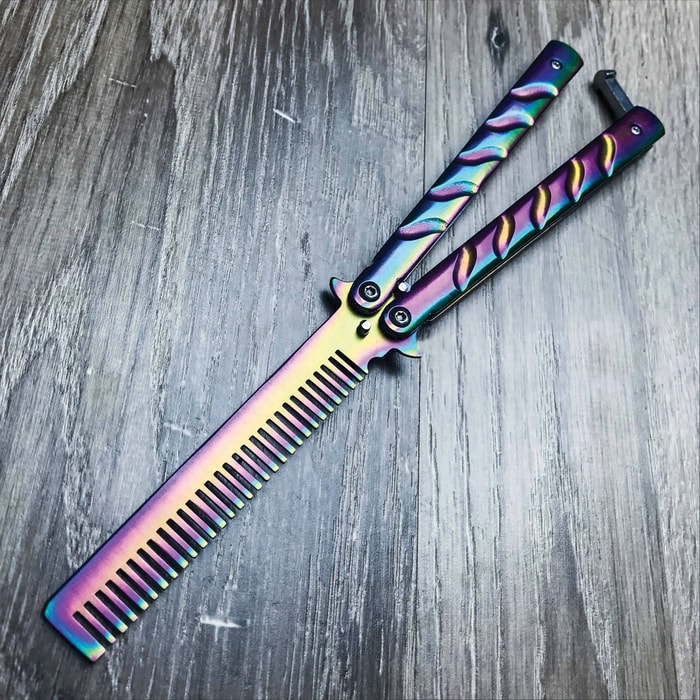 Rainbow Butterfly Knife – Stainless Steel Blade, Skeletonized Handle, Latch  Lock, Steel Handle, Double Flippers – Length 9”