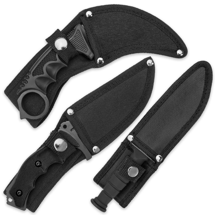 BV574, The Black Legion Galaxy Triple Knife Set gives you a dynamic  threesome of fixed blade knives, which includes a karambit, hunter knife  and a survival, By BUDK
