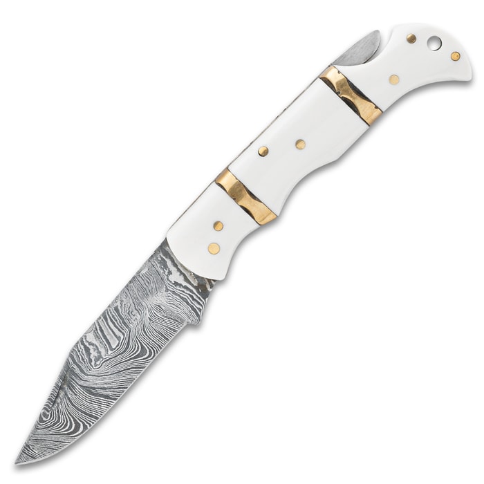 Ivory White Damascus Steel Pocket Knife – Dynasty Blades