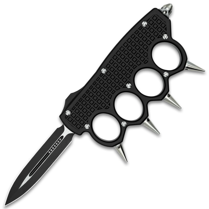 Blue Spiked OTF Knuckle Knife - Automatic Spiked Knuckles - Carbon Fiber  Trench Knives