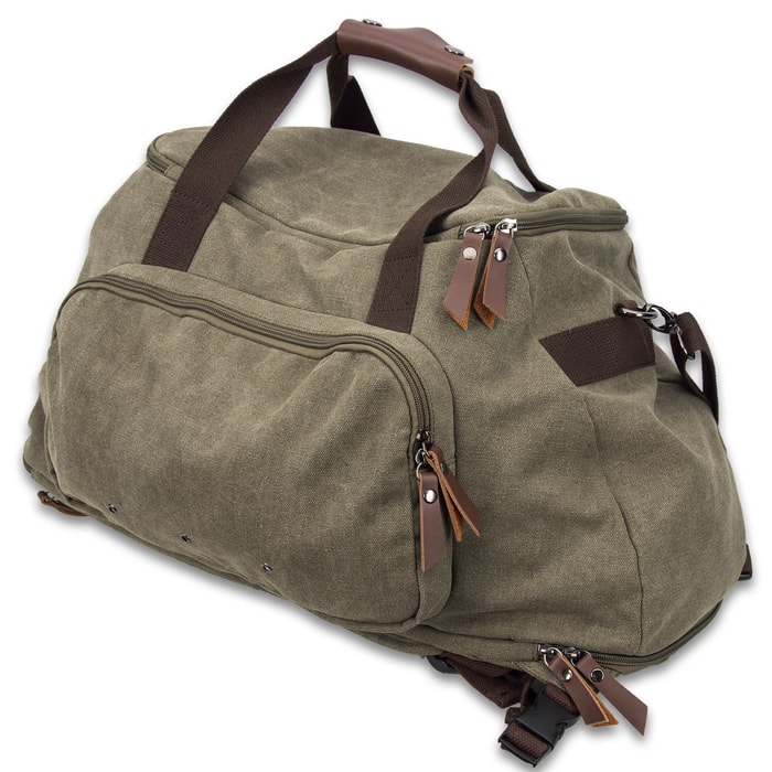 Outback Traveler Green Duffle Bag - Canvas Construction, Soft Lining,  Spacious Interior, Leather Accents, Multiple Pockets, Metal Hardware