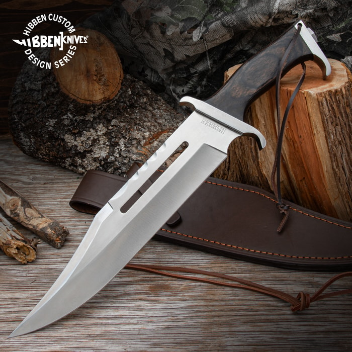 Full view photo of Hibben III Bowie Knife and Leather Sheath with a smaller inset photo of the knife in its sheath.