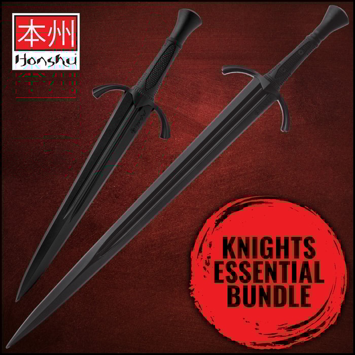 The Honshu Training Dagger and Broadsword on a red textured background.