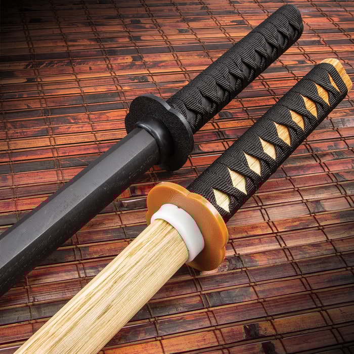 Practice Training Katana Set - Two Bokkens, Hardwood Construction, Cord-Wrapped Handles, Two-Piece Handguards - Length 40”