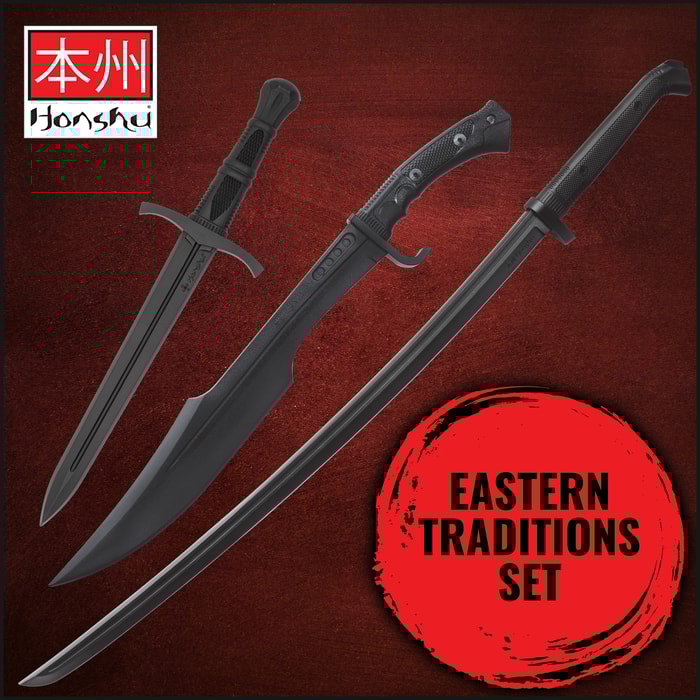 Full image of the Honshu Katana Training Sword, Spartan Training Sword, and Training Dagger included in the Eastern Traditions Set.