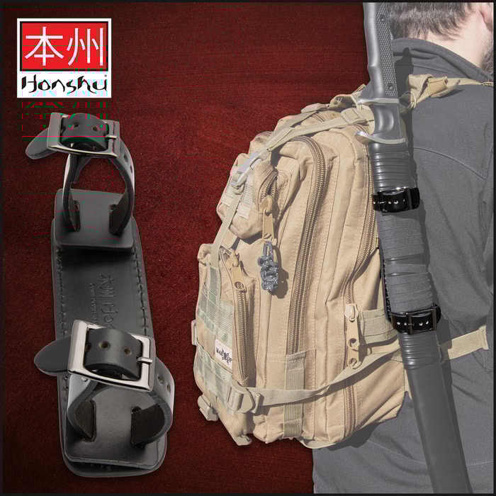 Full image of the Honshu Leather Frog by itself and clipped on a backpack with a Honshu sword.
