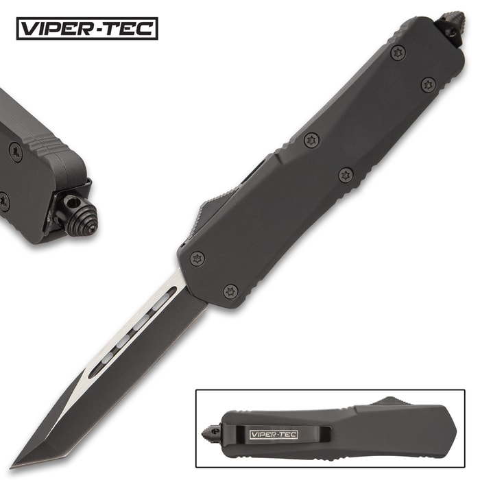 Viper-Tec Ghost Series Black Tanto OTF Knife - Stainless Steel Blade, Metal Alloy Handle, Reversible Pocket Clip - Length 9”