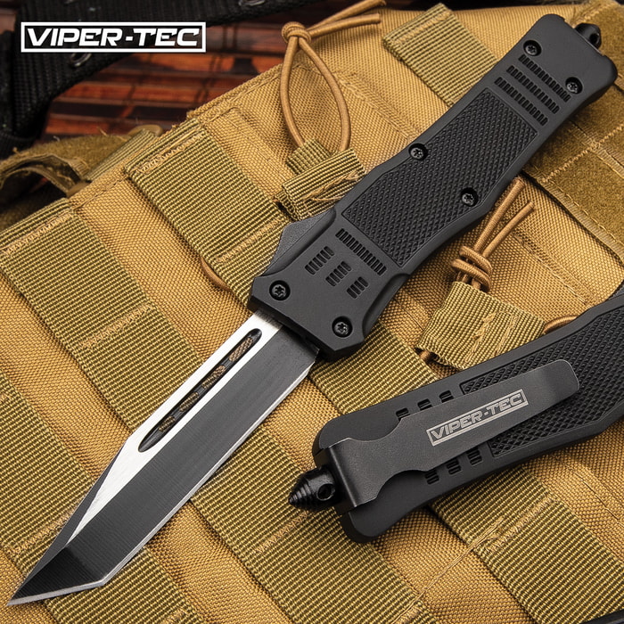 Phantom Series Black OTF Tanto Knife - Stainless Steel Blade, Two-Tone Finish, Metal Alloy Handle, Pocket Clip - Length 9 2/5”