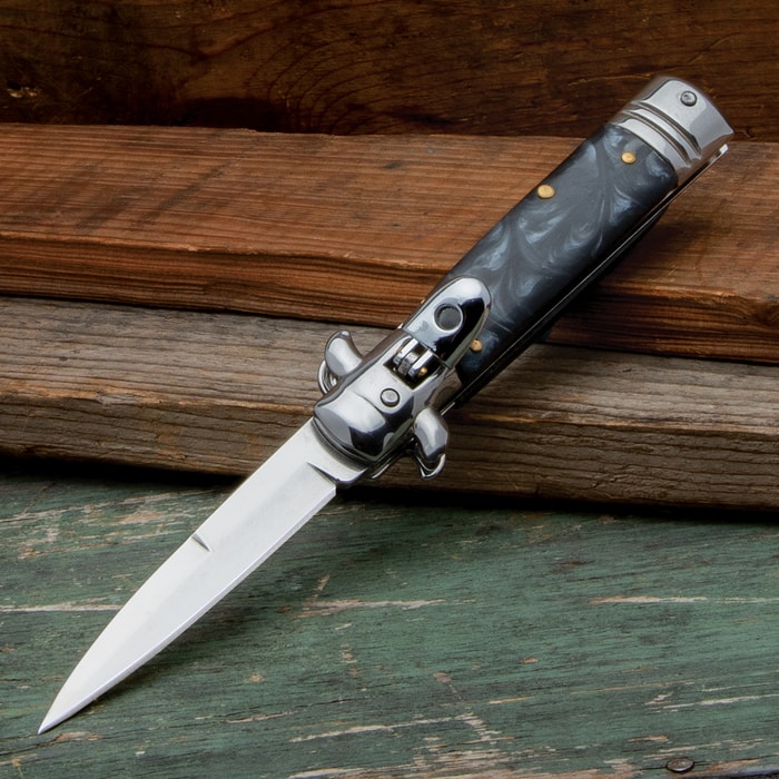 The Black Lever Lock Automatic Stiletto Knife open view