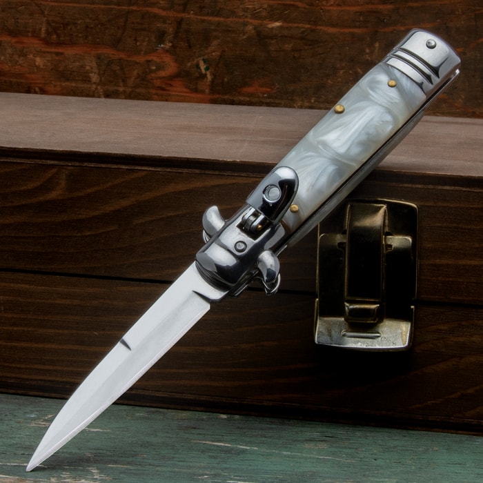 The Faux Pearl Lever Lock Automatic Stiletto Knife shown open