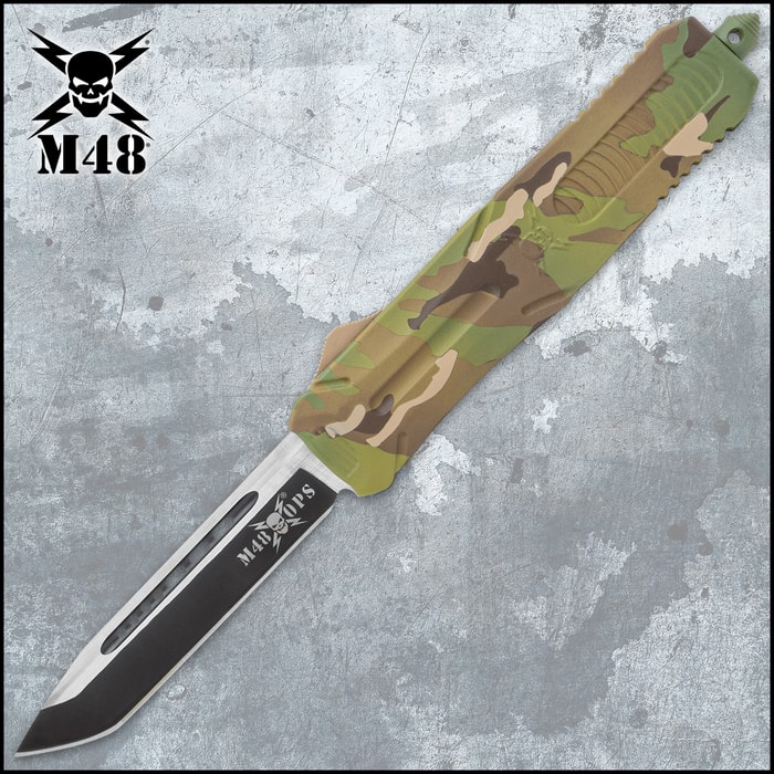 The M48 Multi-Cam Automatic OTF Knife both open and closed position