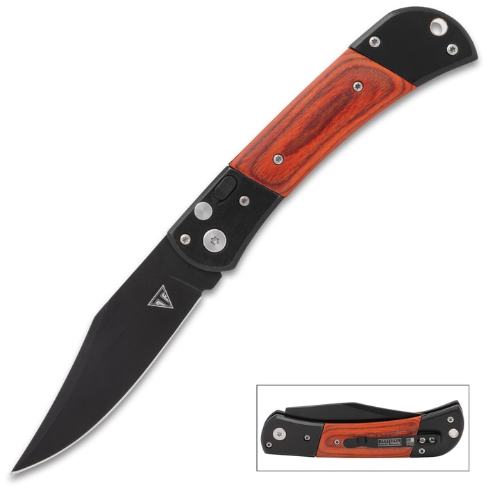 Black and wood Vanguard Elite Auto Knife