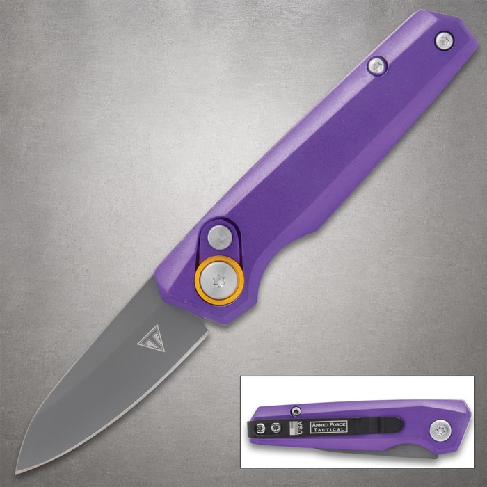 Purple folding knife with stainless steel blade