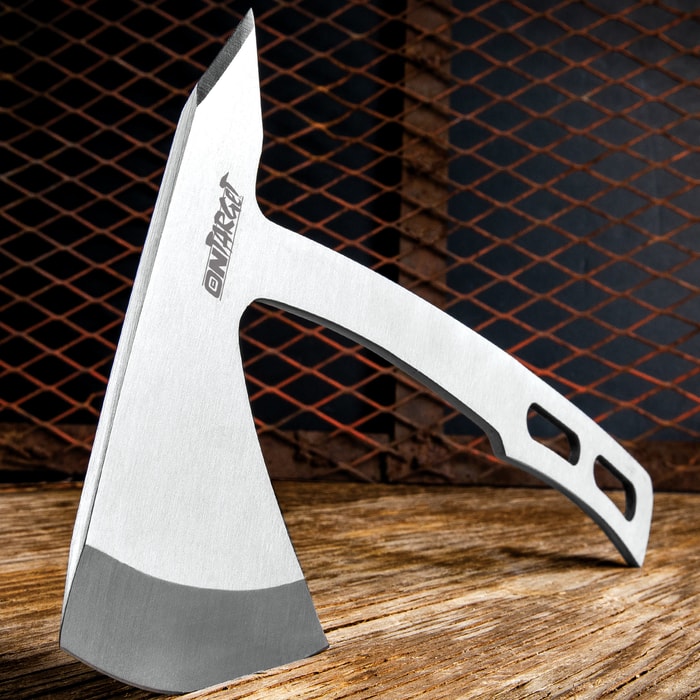 On Target Throwing Axe With Sheath - One-Piece Stainless Steel Construction, Blade Edge And Spike - Length 9 1/4"