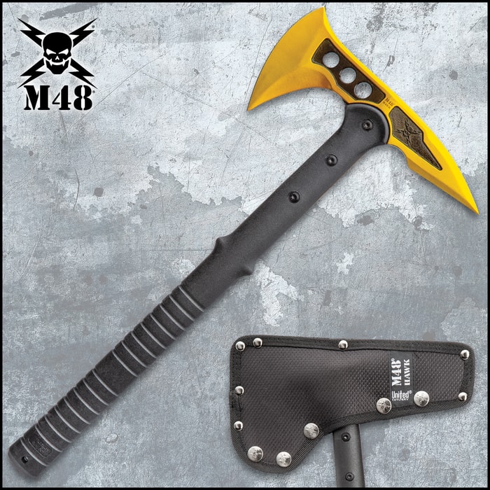 M48 Gold Tactical Tomahawk Axe With Snap On M48 Sheath - Hawk Axe, Cast Stainless Steel Blade, Fiberglass Handle - Length 15”