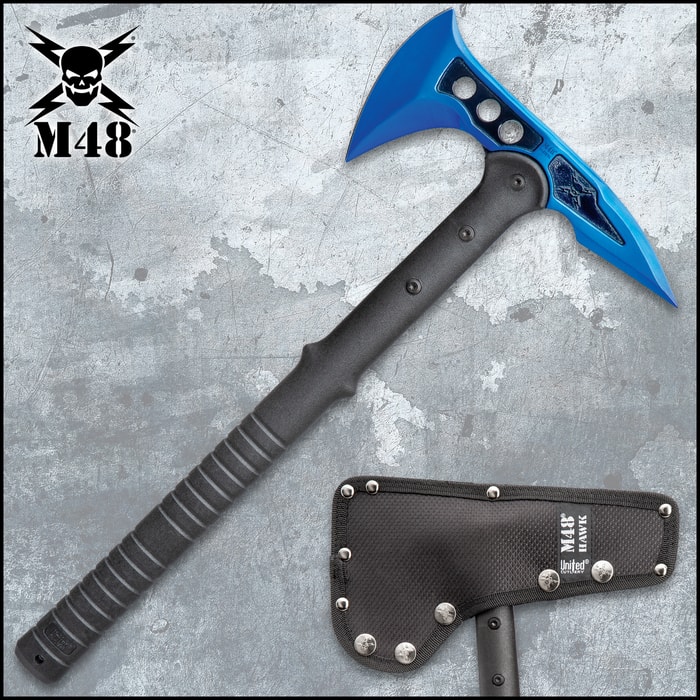 M48 Blue Tactical Tomahawk Axe With Snap On M48 Sheath - Hawk Axe, Stainless Steel Blade, Fiberglass Handle - Length 15”