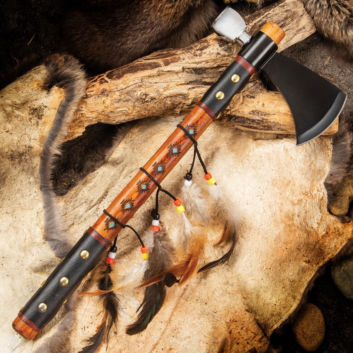 Southwestern Tomahawk Peace Pipe - Stainless Steel Head With Bowl, Wooden Handle, Leather Grip, Feather And Brass Stud Accents - Length 17 3/4”