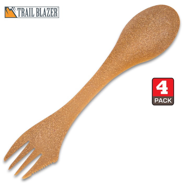 Trailblazer Bamboo Biodegradable Spork - Four-Pack, Eco-Friendly, Integrated Knife Edge, Smooth Finish, Reusable