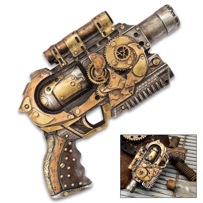 Quantum Cannon Steampunk Display Revolver - Polyresin Sculpture - Home / Office Decor, Mantle, Bookcase, Shelf, Man Cave, Bar, Desk - Pistol Revolver Handgun Neo Victorian Futuristic Sci Fi - 10 1/2"