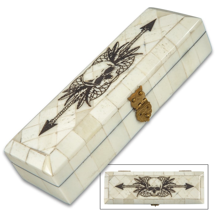 Skull And Arrow Bone Box - Genuine Bone, Brass Hinged Lid, Etched Design, Felt Lined Interior And Bottom - Dimensions 7” x 2 3/8” x 1/2"