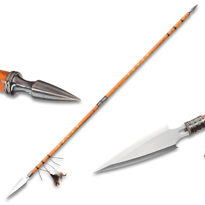 Double Pointed Native Spear - Wooden Shaft, Stainless Steel Spear, Breaks Down, Feather Accents, Leather Wrappings - Overall Length 67 1/4"