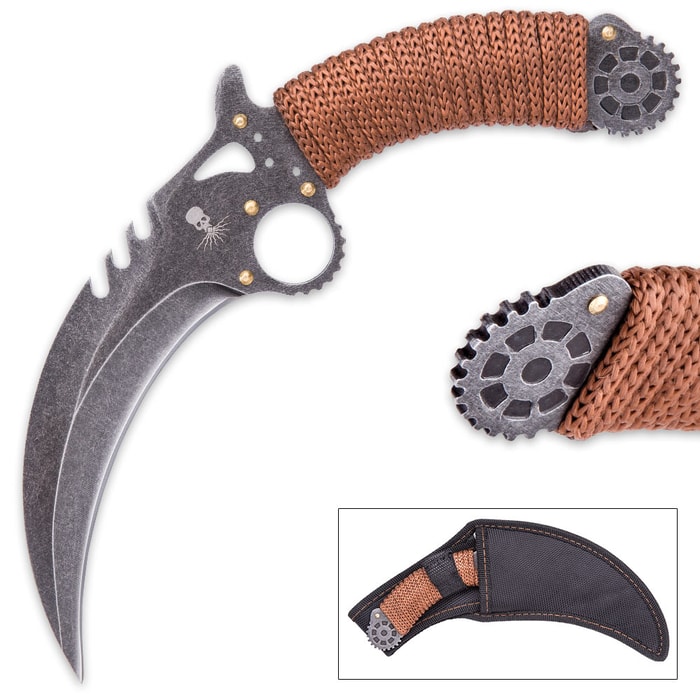 Kraken SteamTalon Karambit - Steampunk Style - Stonewashed Stainless Steel - Paracord - Stamped Gear Motifs; Laser Etched Art; Gold Colored Accents - Custom Nylon Belt Sheath