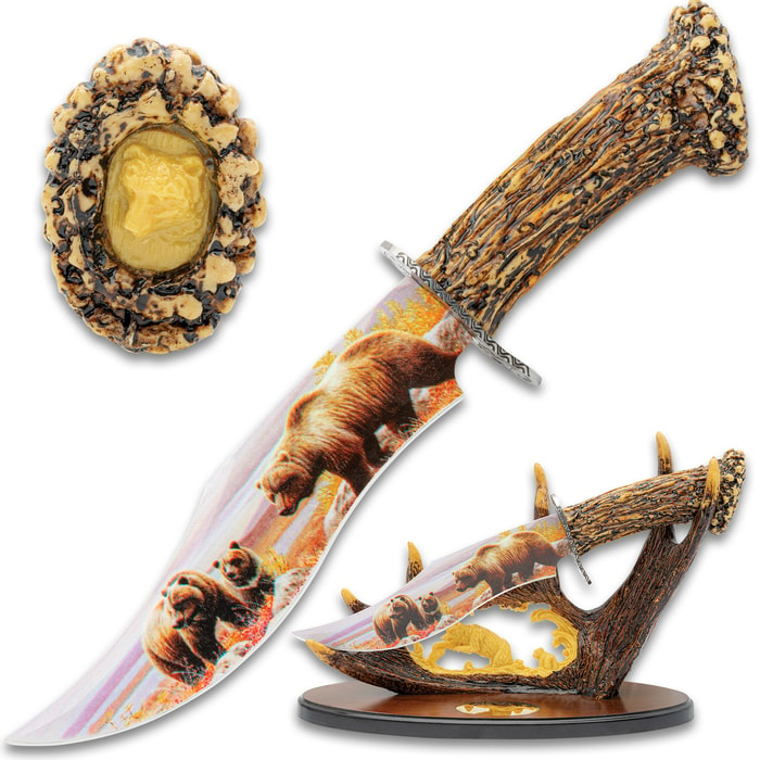 This image shows the Bear Bowie Knife on a white background next to the bottom of the kife and the display stand.