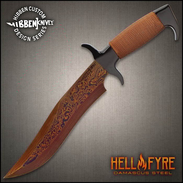 Hibben HellFyre Highlander Bowie Knife With Sheath - HellFyre Damascus Steel, Wire-Wrapped Handle, Black Metal Pommel And Guard - Length 13 1/2”