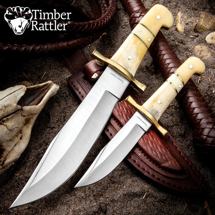 Timber Rattler Camel Bone Bowie Knife - Two-Knife Set with Leather Twin Sheath