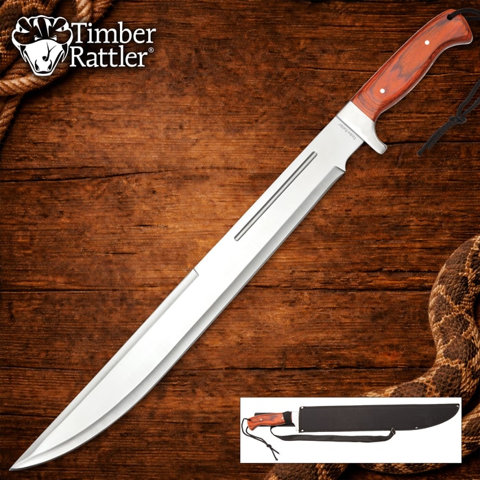 Large machete with wooden handle on wooden background