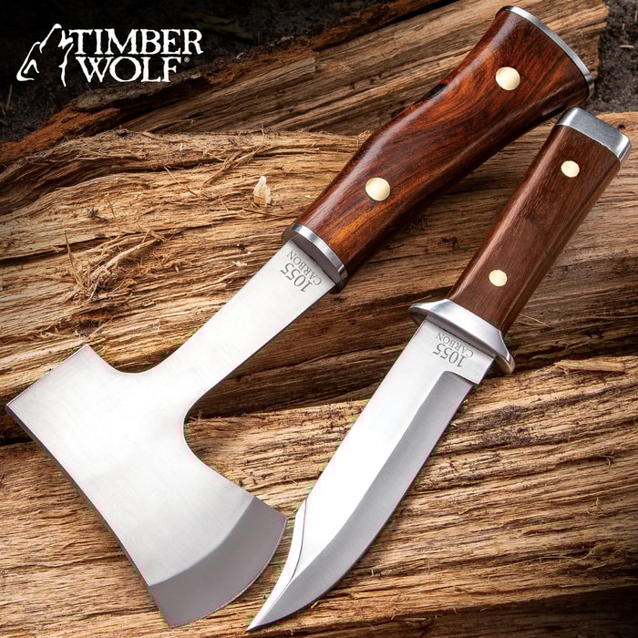 Timber Wolf Expedition Set With Sheath - Camp Axe and Fixed Blade Knife, 1055 Carbon Steel Blades, Wooden Handles