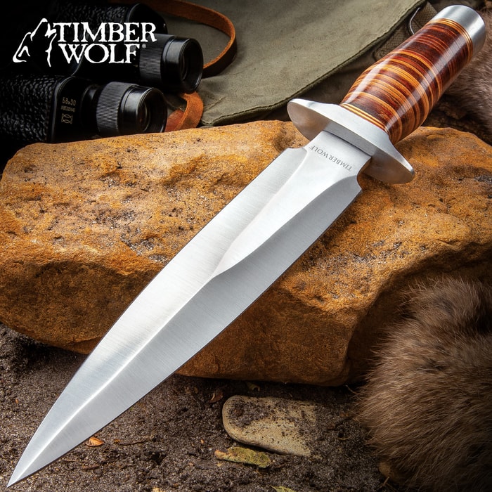 Timber Wolf Leather Fighter Dagger With Sheath - Stainless Steel Blade, Banded Leather Handle, Stainless Steel Guard - Length 13”