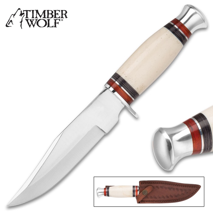 Timber Wolf Appalachian Ivory Bowie / Fixed Blade Knife - Stainless Steel - Natural Genuine Bone - Red, Black Pakkawood - Genuine Leather Sheath - Outdoors Display Hunting Camping Collecting - 9 3/4"