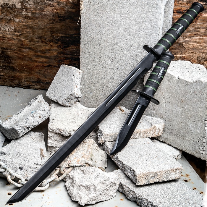 USMC Blackout Fighter Knife And Combat Sword Set - Stainless Steel Blades, Rubberized Handles, Nylon Sheaths, Glass Breakers