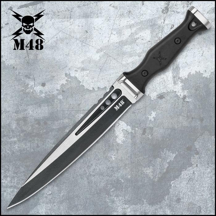 M48 Highland Scottish Dirk With Sheath - Cast Stainless Steel Blade, Black Oxide Coated, TPR Handle, Stainless Steel Pommel And Guard, Lanyard Hole - Length 15 1/8”
