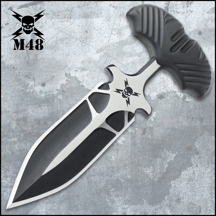 M48 Fang I Tactical Push Dagger And Sheath - Cast Stainless Steel Blade, Black Oxide Coating, TPR Handle - Length 7 3/8”