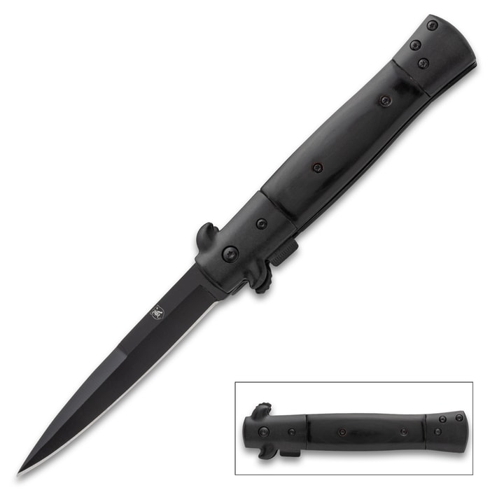 Black stiletto knife with a sleek design and sharp blade