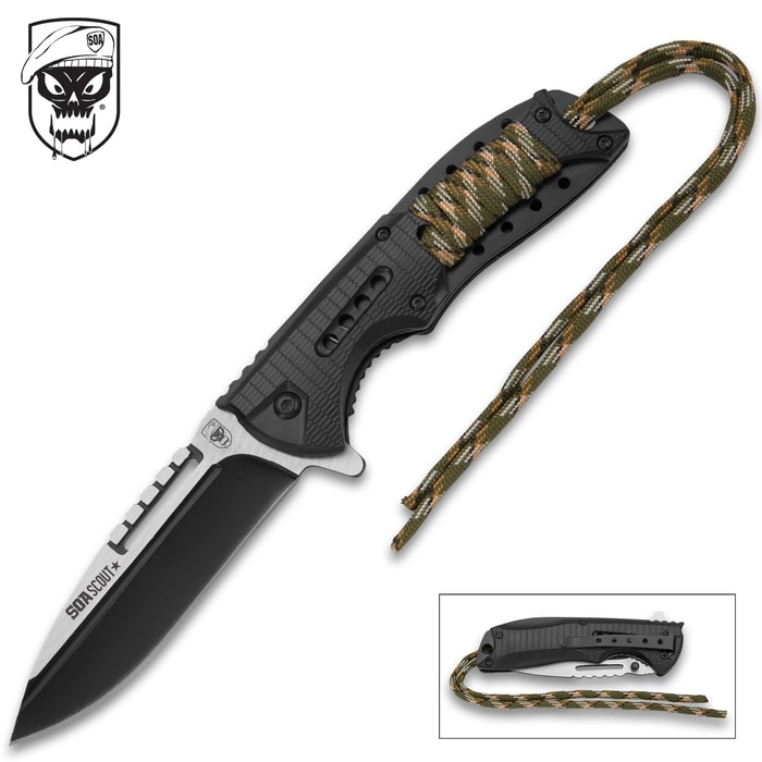 SOA Scout Assisted Opening Pocket Knife - Black with Camo Paracord Wrapping