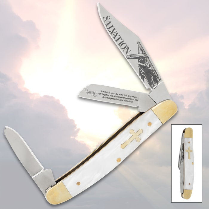 Christian Pearl Stockman Pocket Knife with all blades open