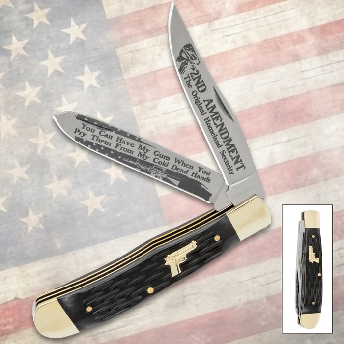 Second Ammendment Trapper Pocket Knife with both blades open