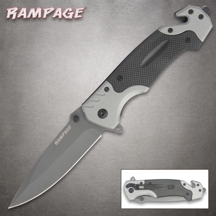 Rampage folding knife with black handle and silver blade