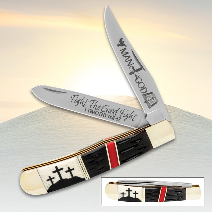 The Man of God Trapper is shown with both blades open and and inset is show of the knife closed.